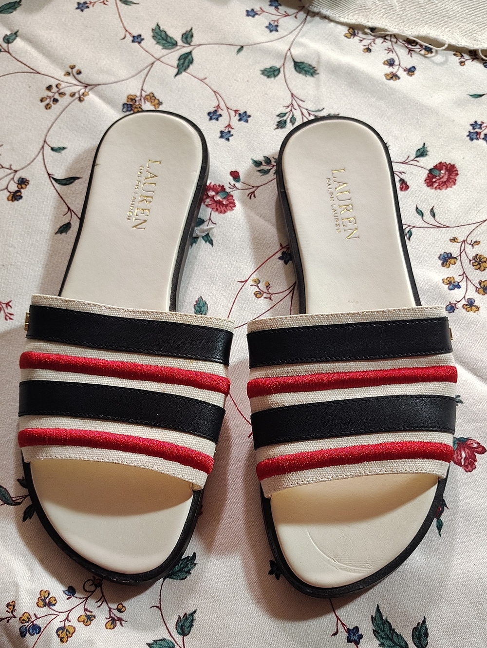 LAUREN Ralph Lauren Black, Red & Cream Striped Slide Mules